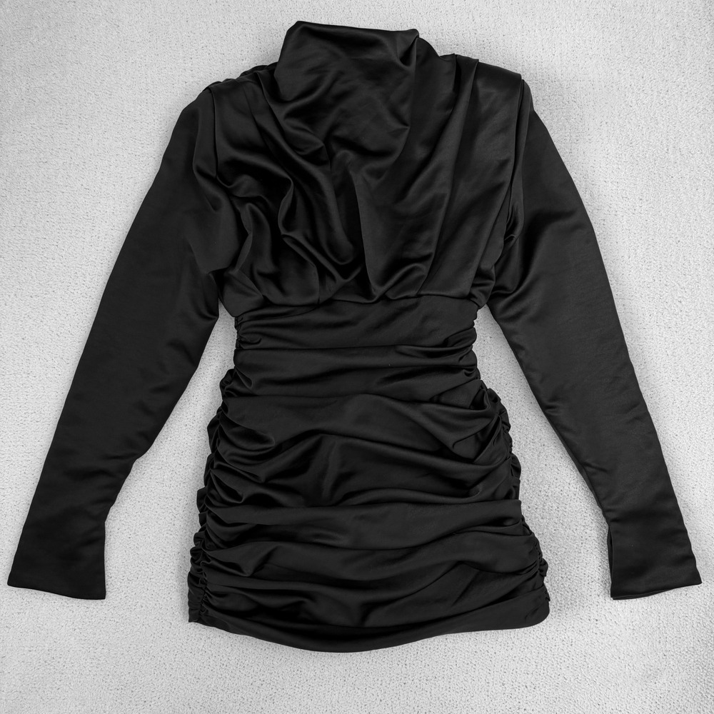 House of CB Giorgiana Black Satin Ruched Mini Dress Size Large - Picture 2 of 12